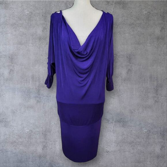 VTG 80s Purple Cowl Neck Dress Womens Sz S M Batwing Slit Sleeve Midi Drop Waist - Picture 1 of 7